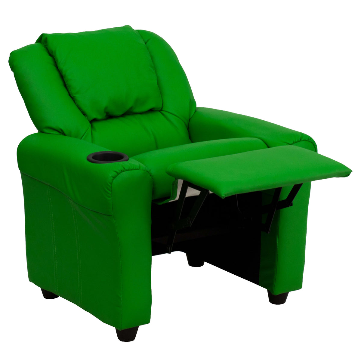 Green Vinyl |#| Contemporary Green Vinyl Kids Recliner with Cup Holder and Headrest