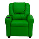 Green Vinyl |#| Contemporary Green Vinyl Kids Recliner with Cup Holder and Headrest