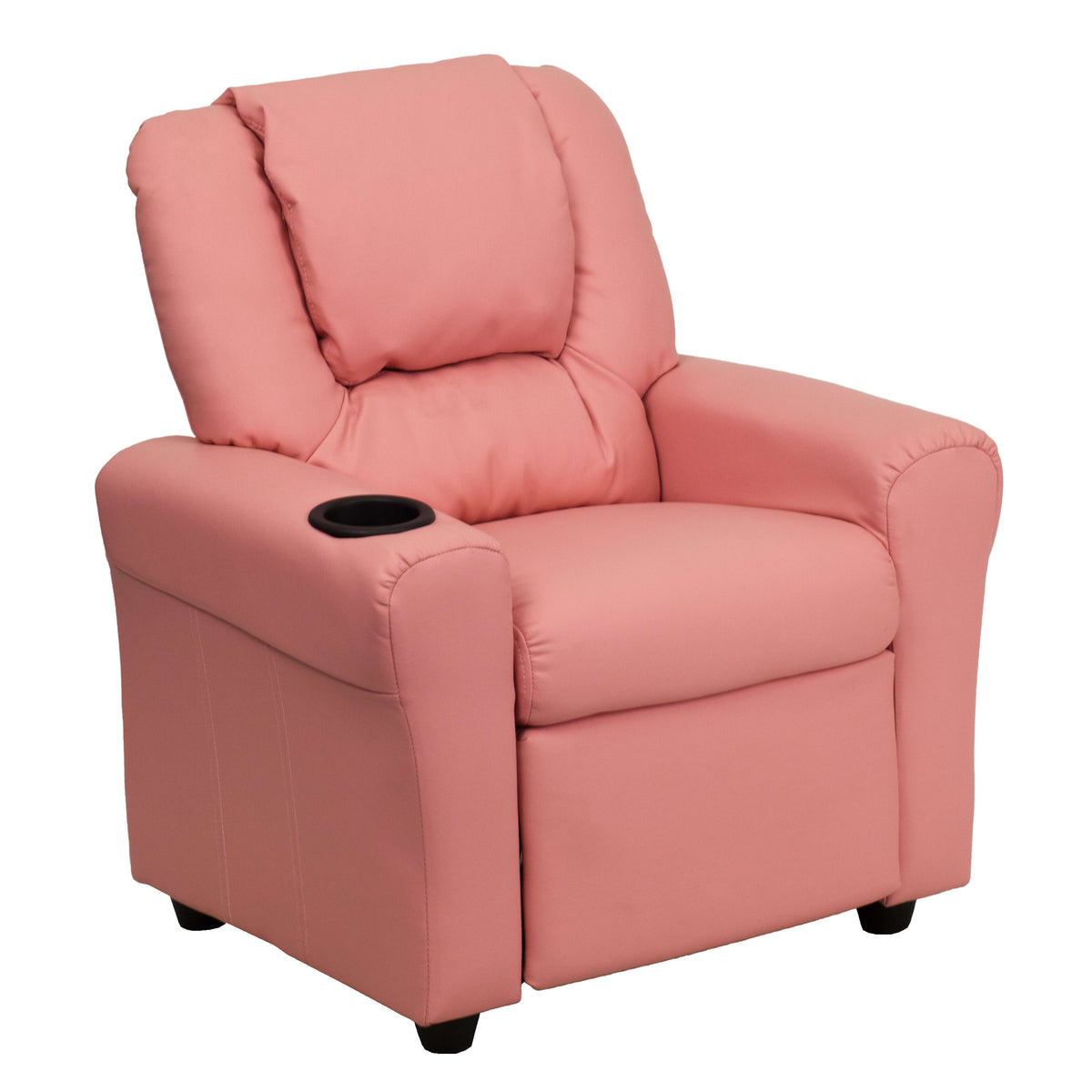 Pink Vinyl |#| Contemporary Pink Vinyl Kids Recliner with Cup Holder and Headrest