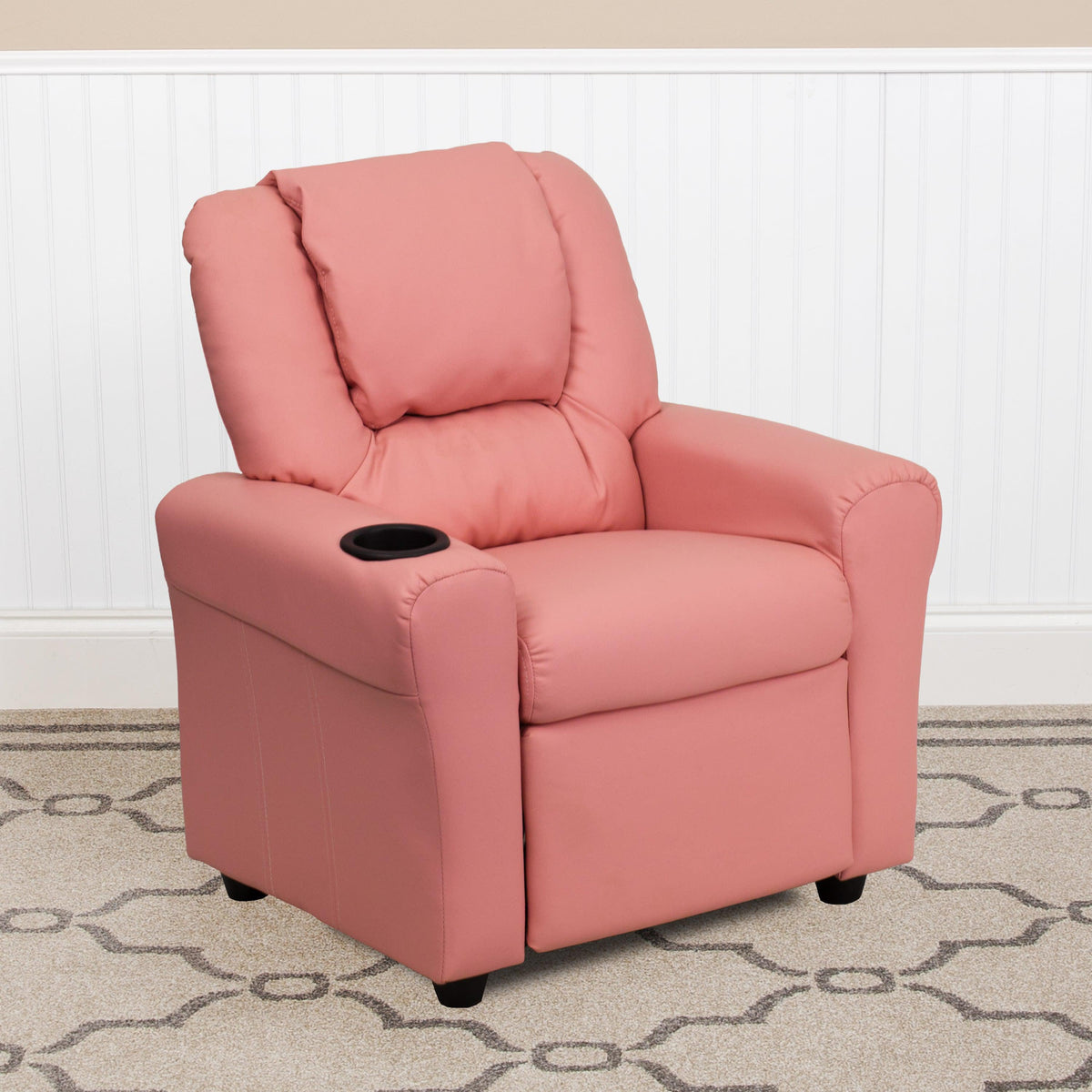 Pink Vinyl |#| Contemporary Pink Vinyl Kids Recliner with Cup Holder and Headrest