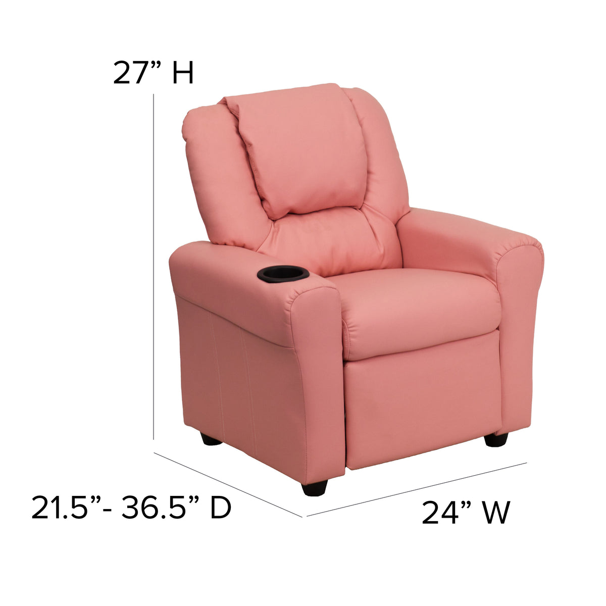 Pink Vinyl |#| Contemporary Pink Vinyl Kids Recliner with Cup Holder and Headrest