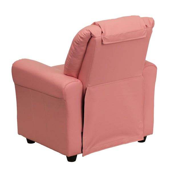 Pink Vinyl |#| Contemporary Pink Vinyl Kids Recliner with Cup Holder and Headrest