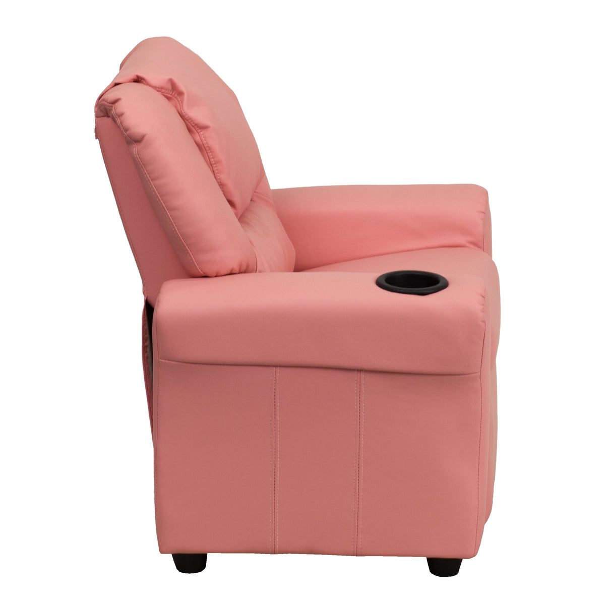 Pink Vinyl |#| Contemporary Pink Vinyl Kids Recliner with Cup Holder and Headrest