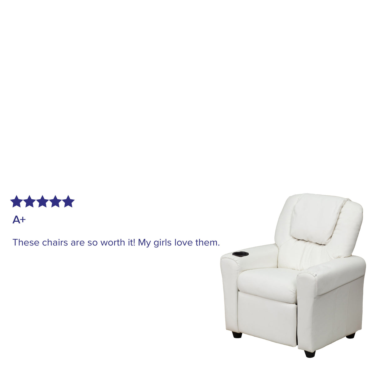 White Vinyl |#| Contemporary White Vinyl Kids Recliner with Cup Holder and Headrest