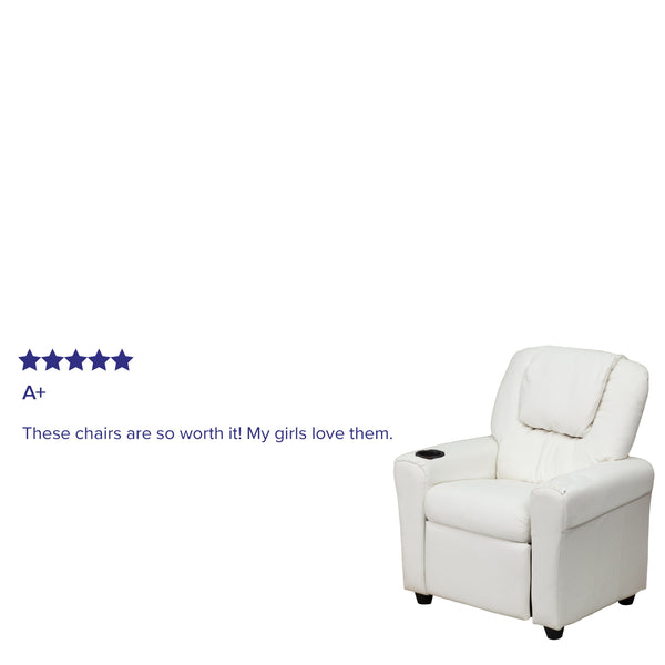 White Vinyl |#| Contemporary White Vinyl Kids Recliner with Cup Holder and Headrest