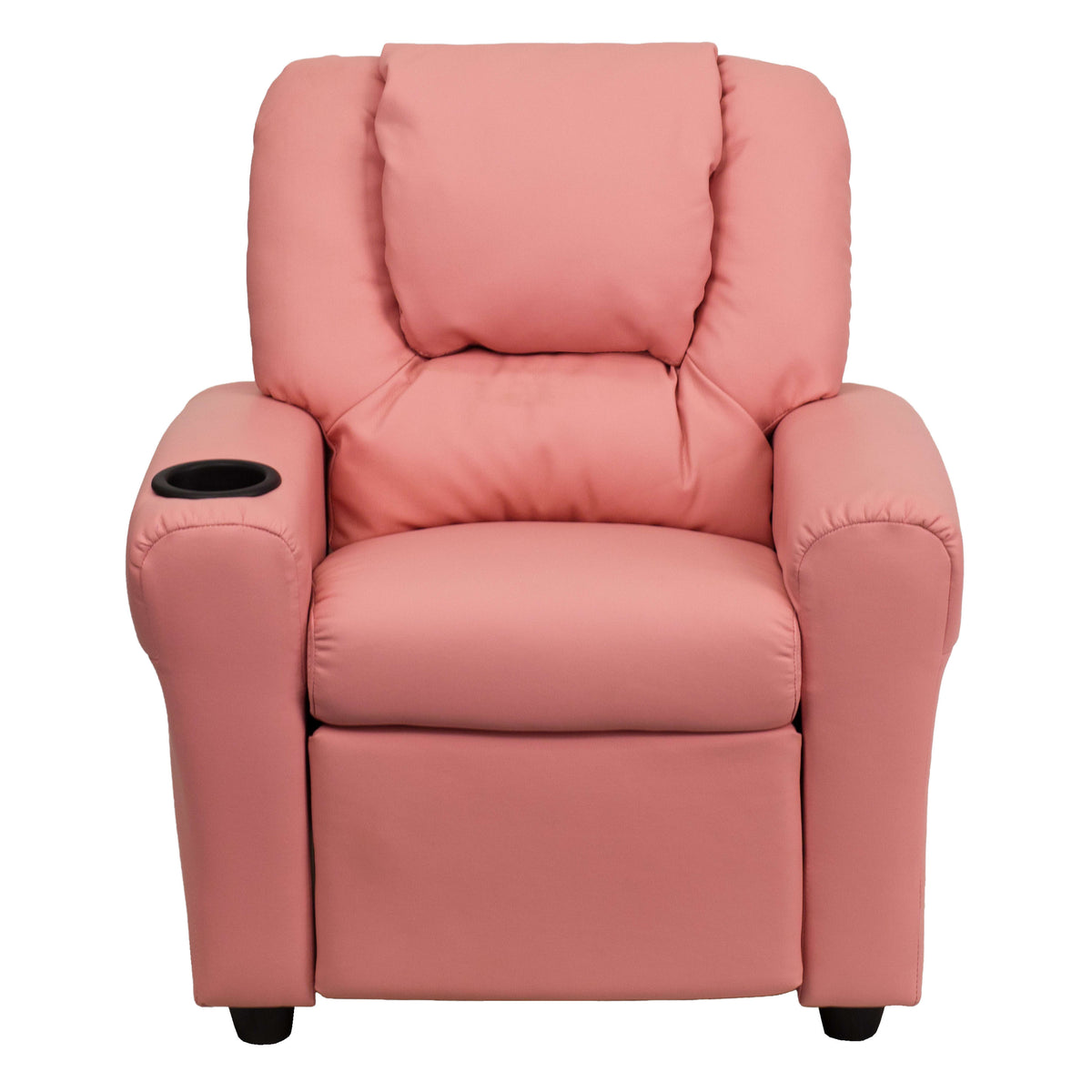 Pink Vinyl |#| Contemporary Pink Vinyl Kids Recliner with Cup Holder and Headrest