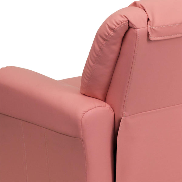 Pink Vinyl |#| Contemporary Pink Vinyl Kids Recliner with Cup Holder and Headrest
