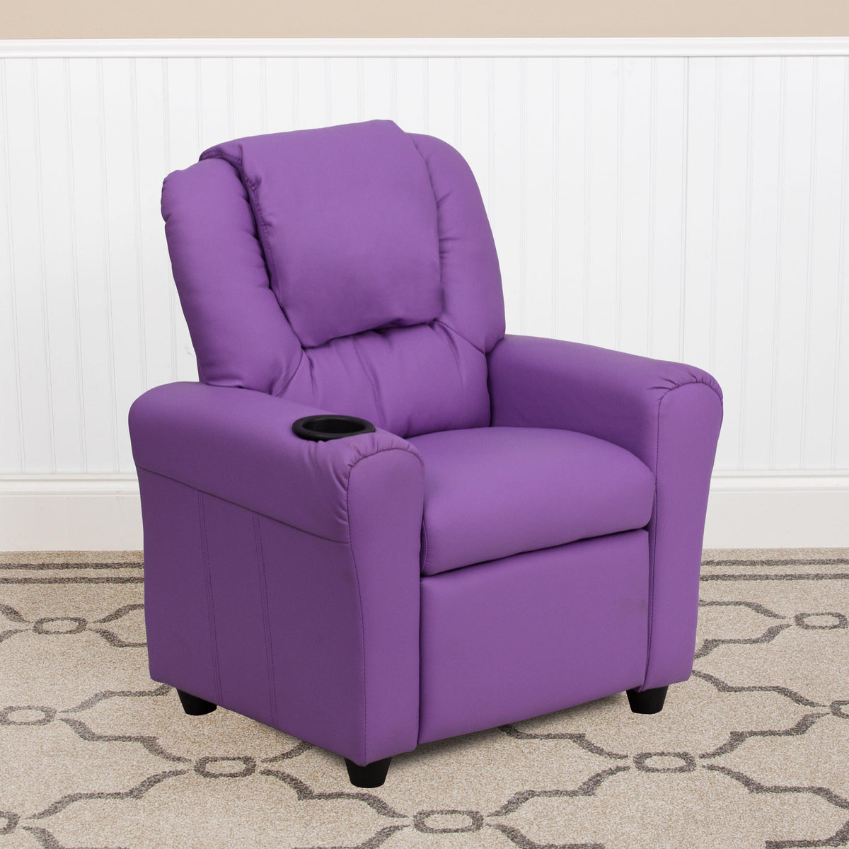 Lavender Vinyl |#| Contemporary Lavender Vinyl Kids Recliner with Cup Holder and Headrest