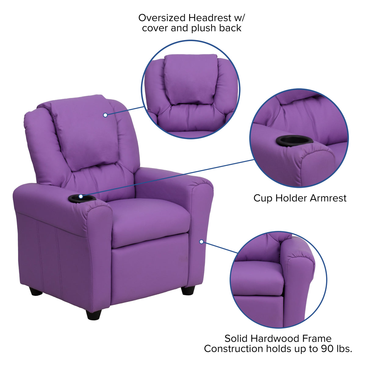 Lavender Vinyl |#| Contemporary Lavender Vinyl Kids Recliner with Cup Holder and Headrest