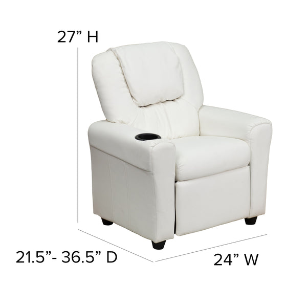 White Vinyl |#| Contemporary White Vinyl Kids Recliner with Cup Holder and Headrest