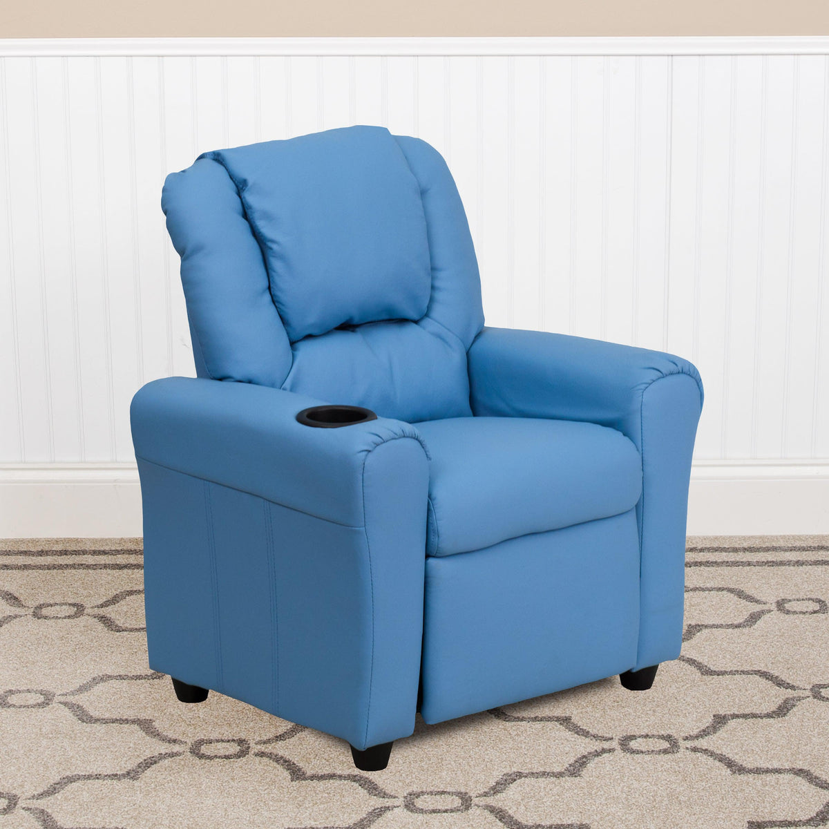 Light Blue Vinyl |#| Contemporary Light Blue Vinyl Kids Recliner with Cup Holder and Headrest