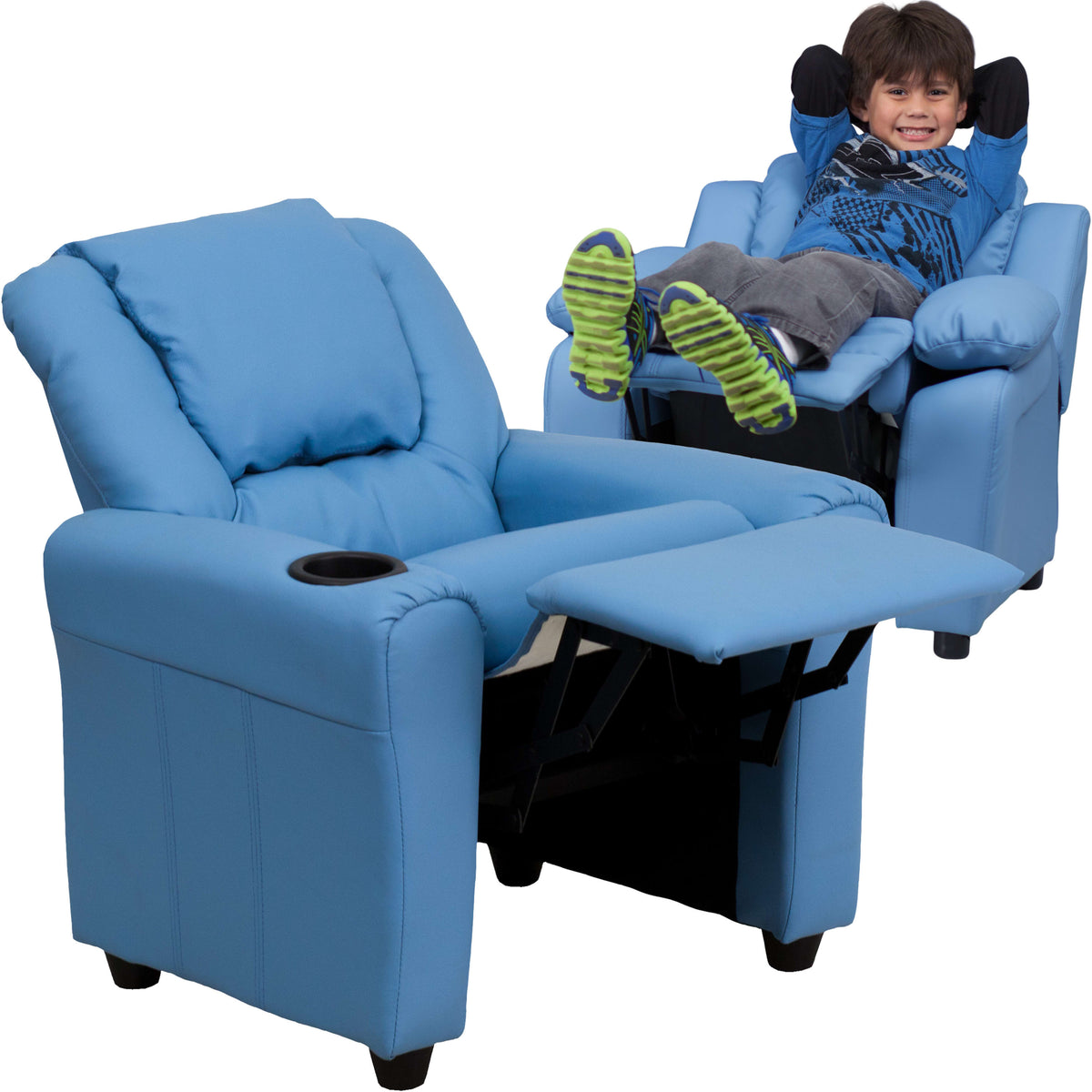 Light Blue Vinyl |#| Contemporary Light Blue Vinyl Kids Recliner with Cup Holder and Headrest