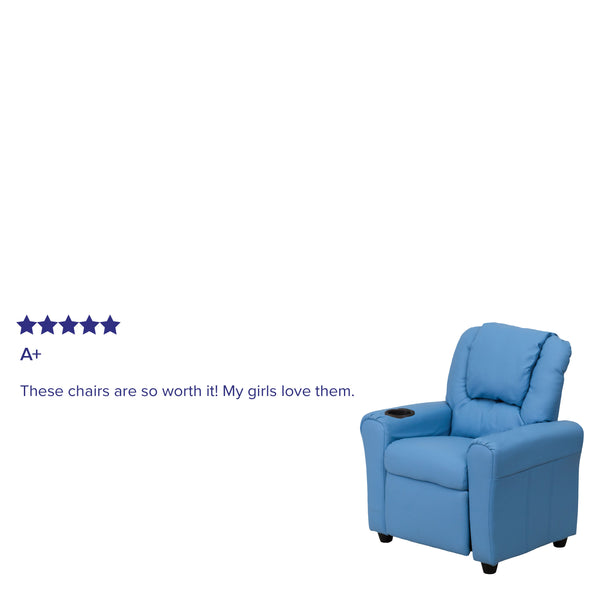 Light Blue Vinyl |#| Contemporary Light Blue Vinyl Kids Recliner with Cup Holder and Headrest