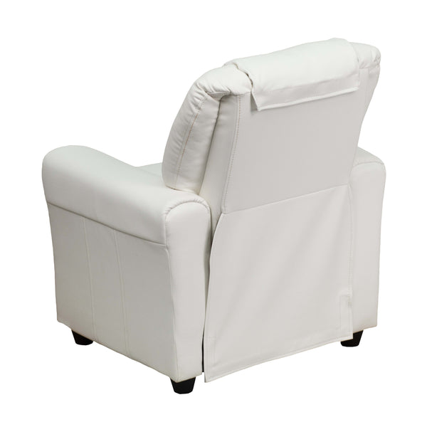 White Vinyl |#| Contemporary White Vinyl Kids Recliner with Cup Holder and Headrest