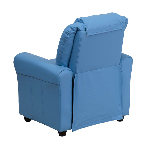 Light Blue Vinyl |#| Contemporary Light Blue Vinyl Kids Recliner with Cup Holder and Headrest