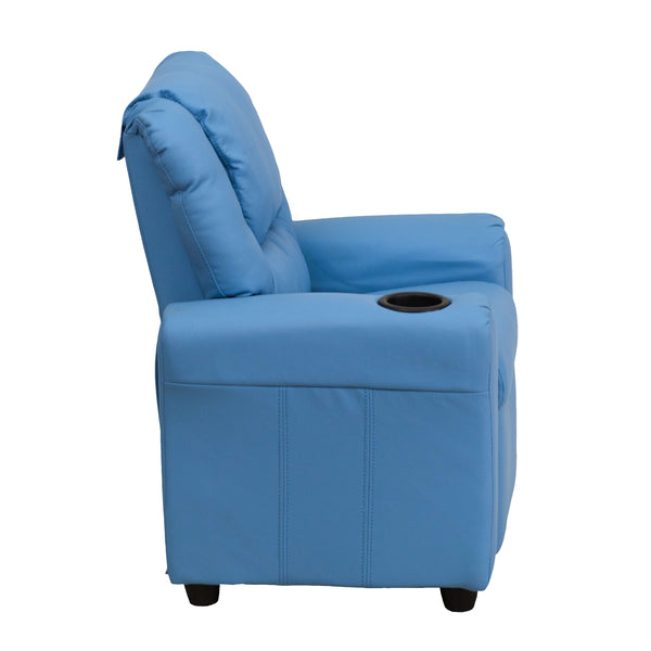 Light Blue Vinyl |#| Contemporary Light Blue Vinyl Kids Recliner with Cup Holder and Headrest