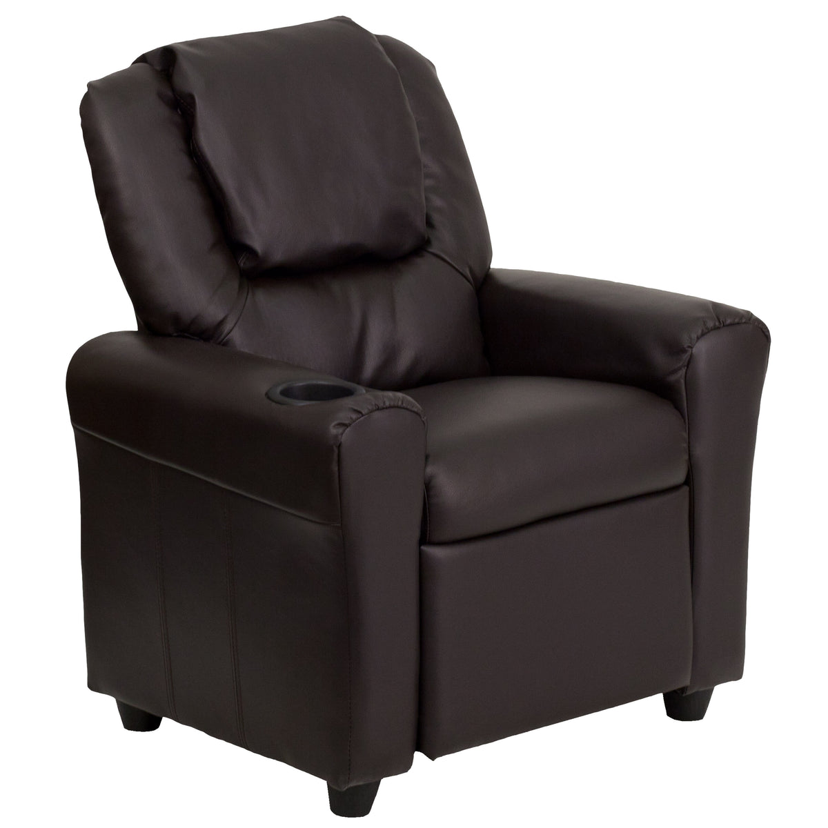 Brown LeatherSoft |#| Contemporary Brown LeatherSoft Kids Recliner with Cup Holder and Headrest