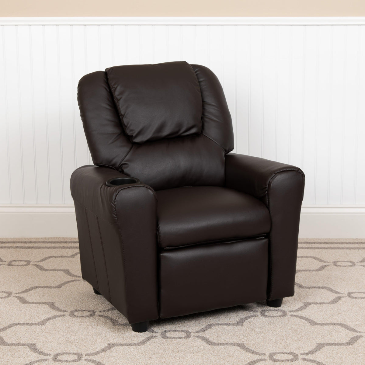 Brown LeatherSoft |#| Contemporary Brown LeatherSoft Kids Recliner with Cup Holder and Headrest