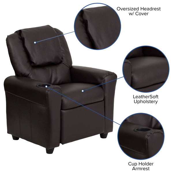 Brown LeatherSoft |#| Contemporary Brown LeatherSoft Kids Recliner with Cup Holder and Headrest