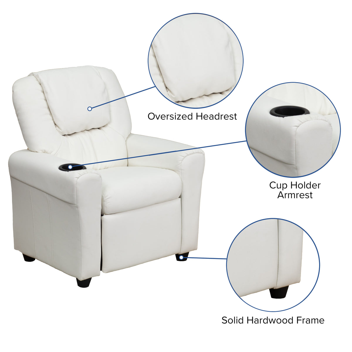 White Vinyl |#| Contemporary White Vinyl Kids Recliner with Cup Holder and Headrest
