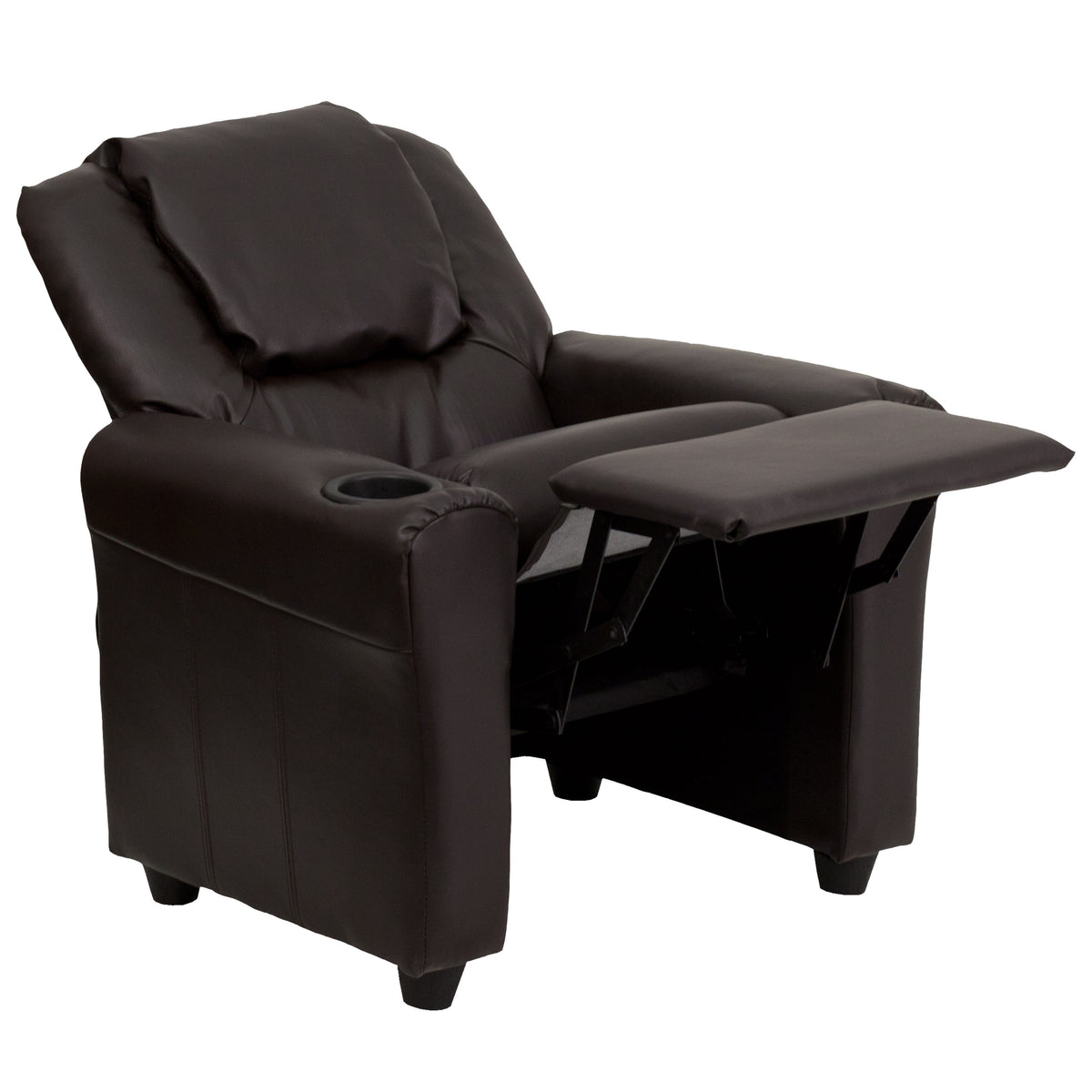 Brown LeatherSoft |#| Contemporary Brown LeatherSoft Kids Recliner with Cup Holder and Headrest