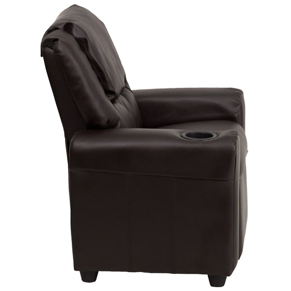 Brown LeatherSoft |#| Contemporary Brown LeatherSoft Kids Recliner with Cup Holder and Headrest