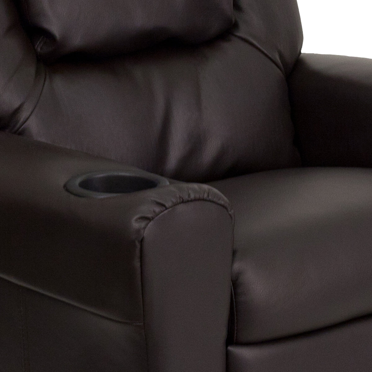 Brown LeatherSoft |#| Contemporary Brown LeatherSoft Kids Recliner with Cup Holder and Headrest