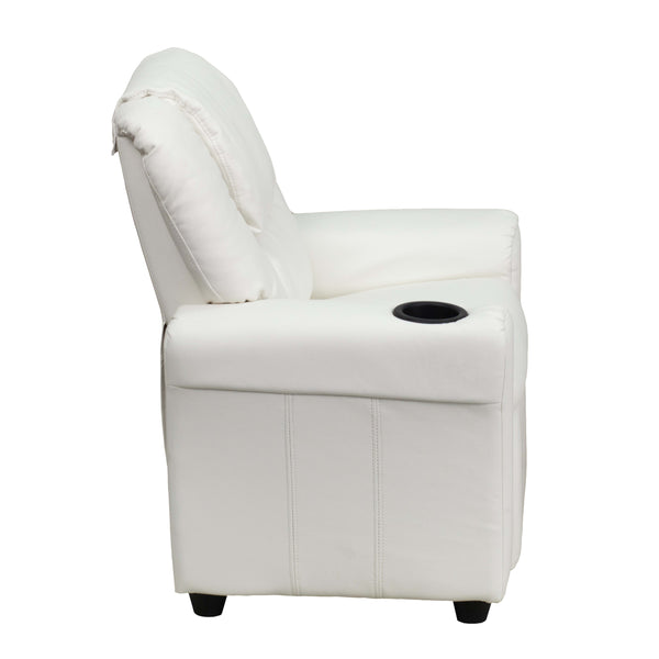 White Vinyl |#| Contemporary White Vinyl Kids Recliner with Cup Holder and Headrest