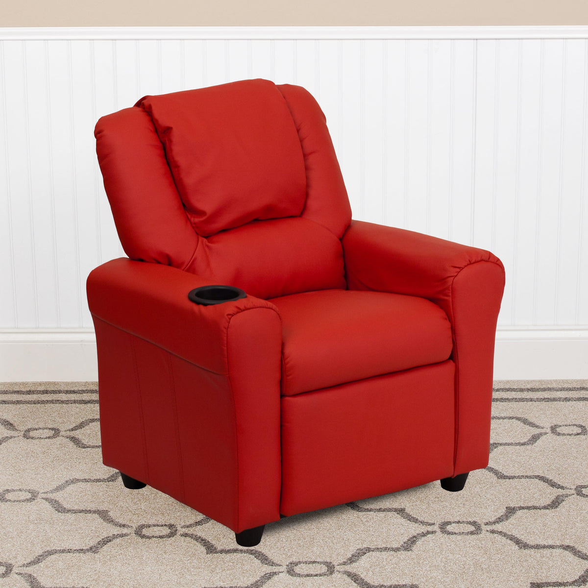 Red Vinyl |#| Contemporary Red Vinyl Kids Recliner with Cup Holder and Headrest