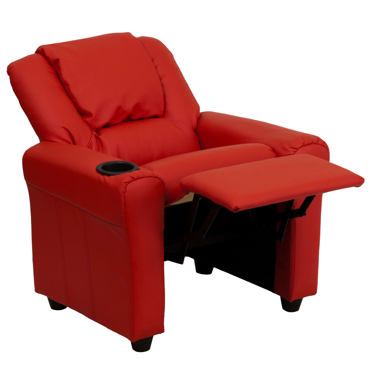 Red Vinyl |#| Contemporary Red Vinyl Kids Recliner with Cup Holder and Headrest
