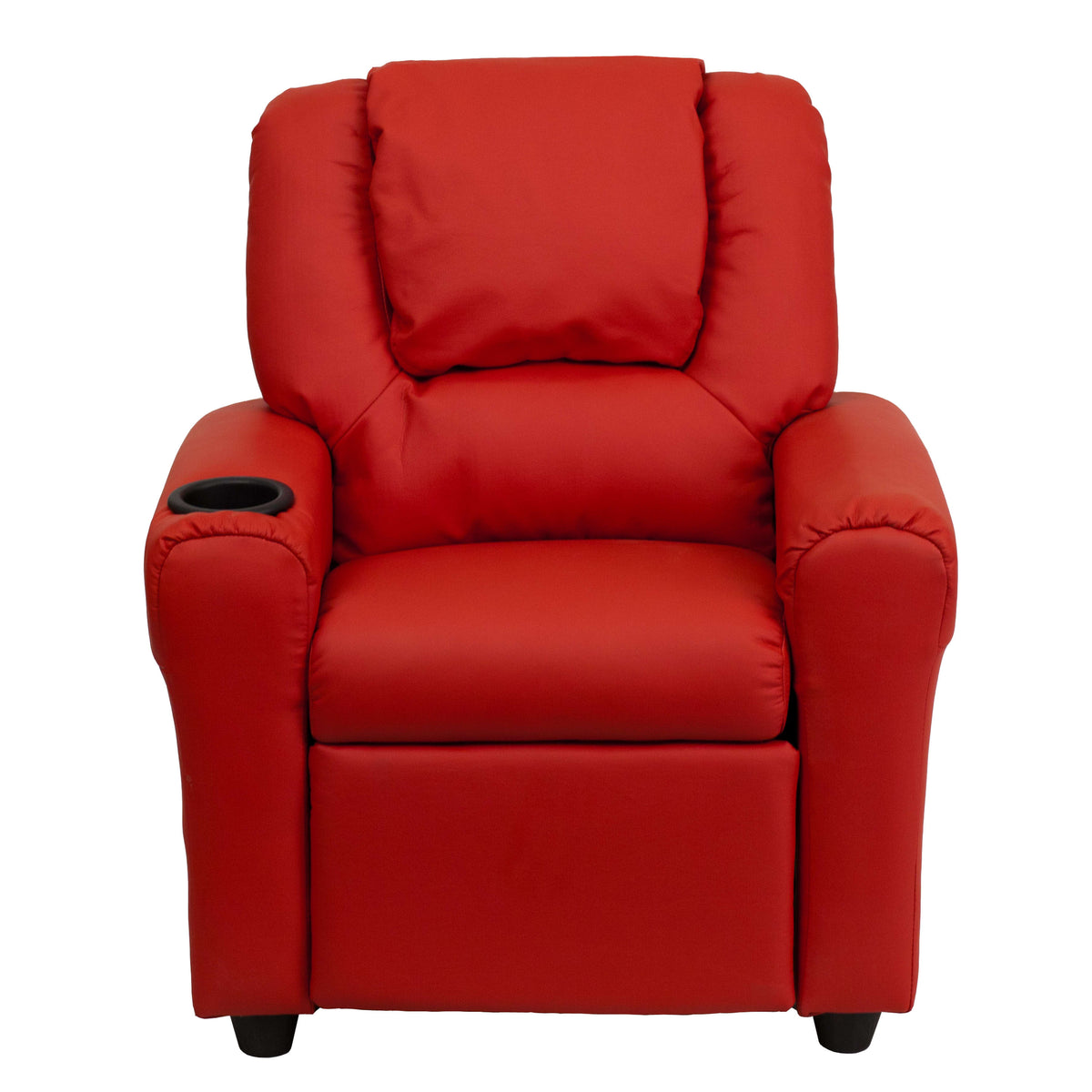Red Vinyl |#| Contemporary Red Vinyl Kids Recliner with Cup Holder and Headrest