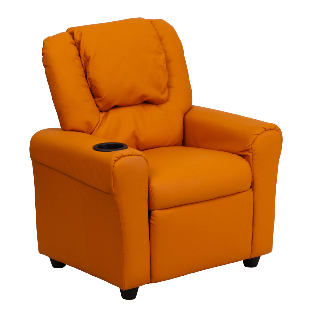 Orange Vinyl |#| Contemporary Orange Vinyl Kids Recliner with Cup Holder and Headrest