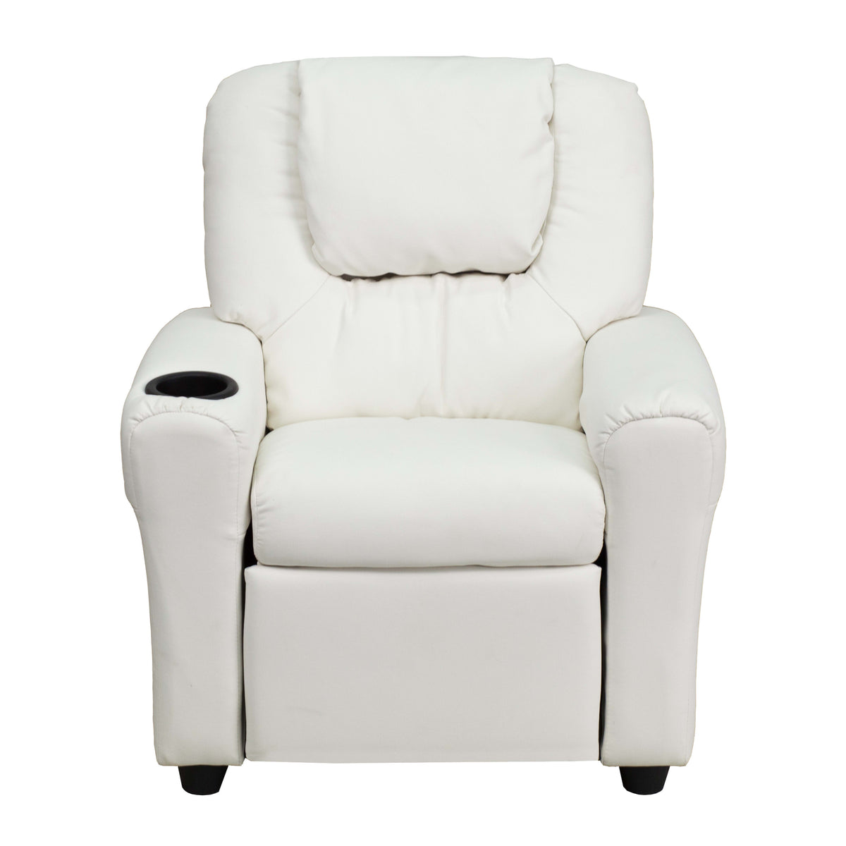 White Vinyl |#| Contemporary White Vinyl Kids Recliner with Cup Holder and Headrest