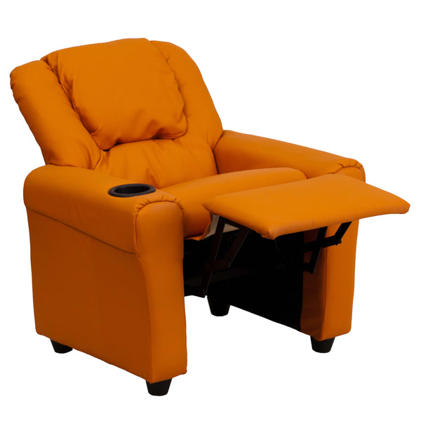 Orange Vinyl |#| Contemporary Orange Vinyl Kids Recliner with Cup Holder and Headrest