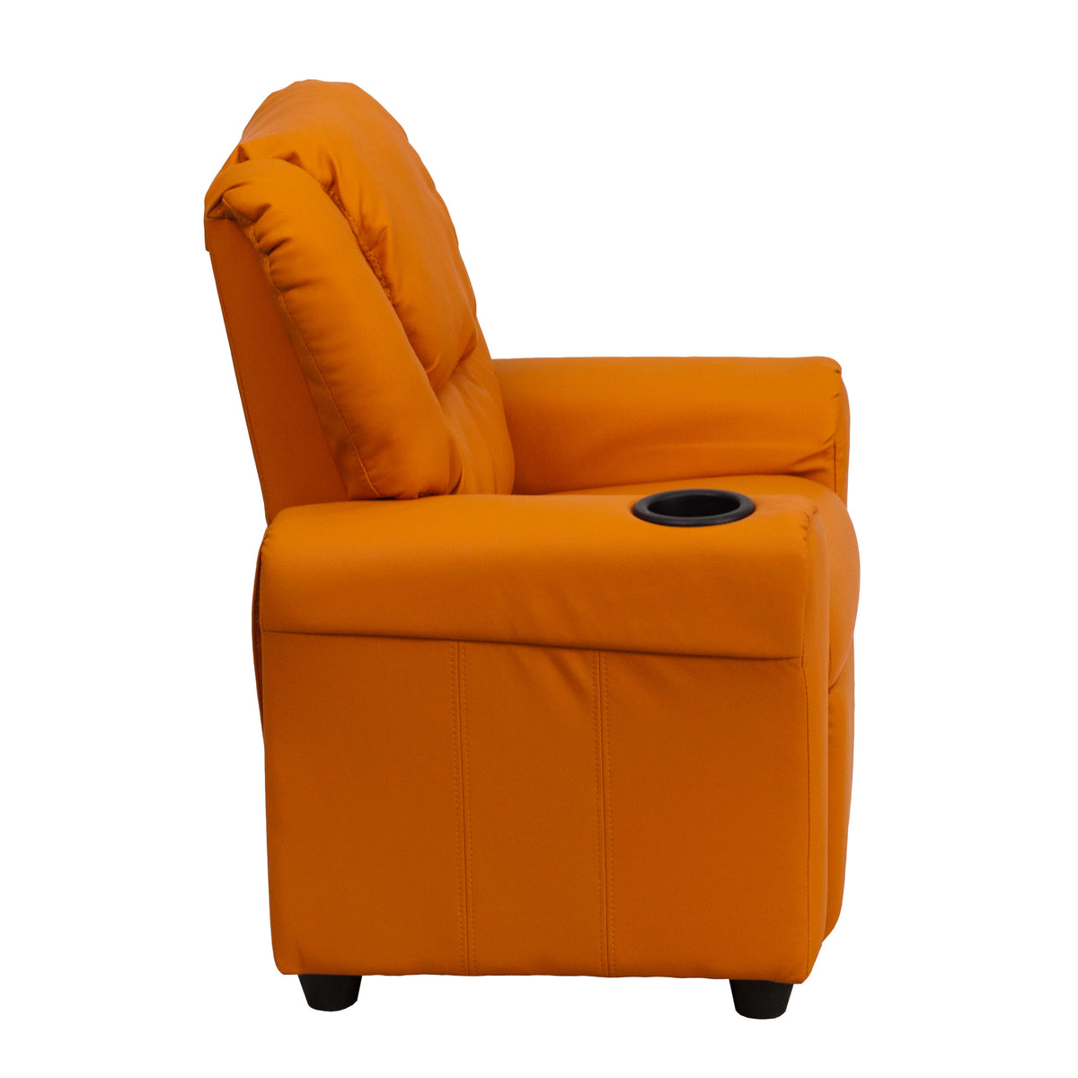 Orange Vinyl |#| Contemporary Orange Vinyl Kids Recliner with Cup Holder and Headrest