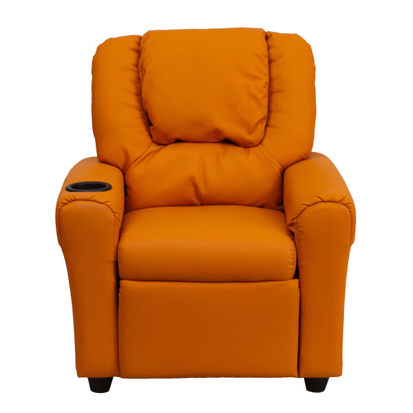 Orange Vinyl |#| Contemporary Orange Vinyl Kids Recliner with Cup Holder and Headrest