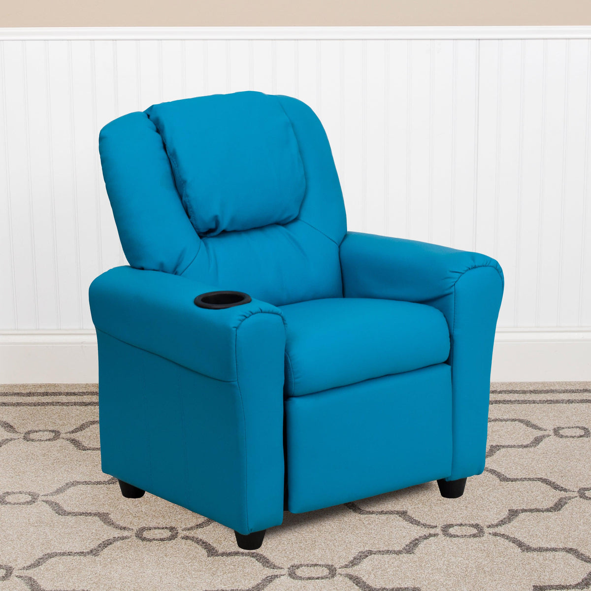 Turquoise Vinyl |#| Contemporary Turquoise Vinyl Kids Recliner with Cup Holder and Headrest