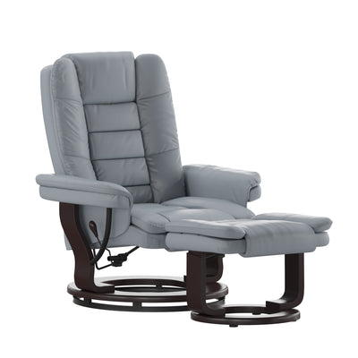 Contemporary LeatherSoft Recliner with Horizontal Stitching and Ottoman with Swiveling Mahogany Wood Base - View 1