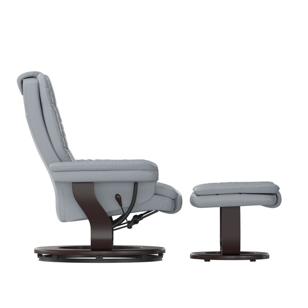 Gray |#| Gray LeatherSoft Multi-Position Recliner &Ottoman w/Swivel Mahogany Wood Base