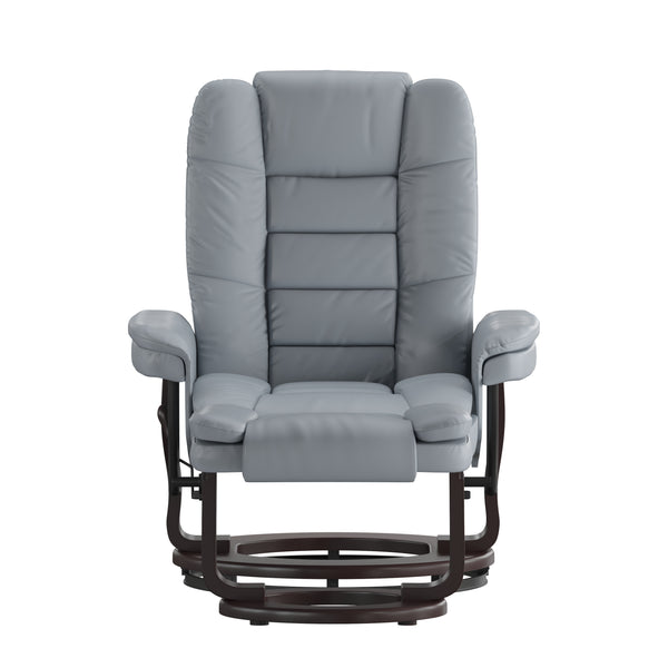 Gray |#| Gray LeatherSoft Multi-Position Recliner &Ottoman w/Swivel Mahogany Wood Base