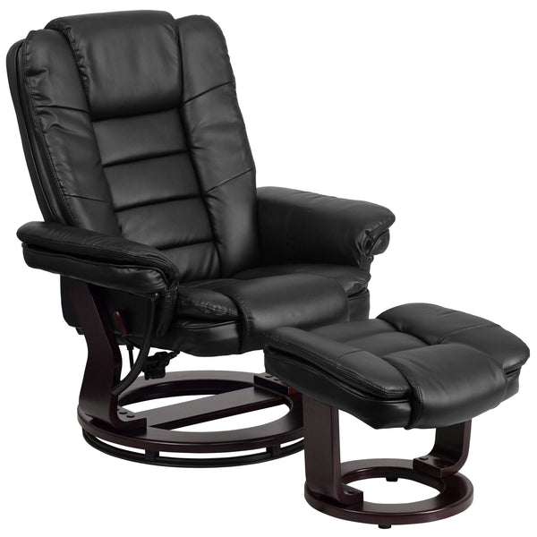 Black |#| Black LeatherSoft Multi-Position Recliner &Ottoman w/Swivel Mahogany Wood Base
