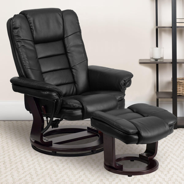 Black |#| Black LeatherSoft Multi-Position Recliner &Ottoman w/Swivel Mahogany Wood Base
