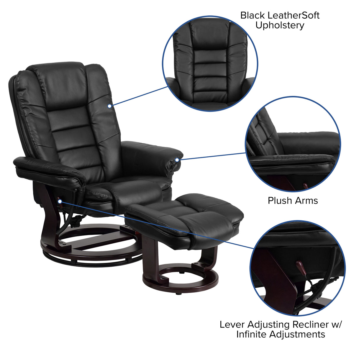 Black |#| Black LeatherSoft Multi-Position Recliner &Ottoman w/Swivel Mahogany Wood Base