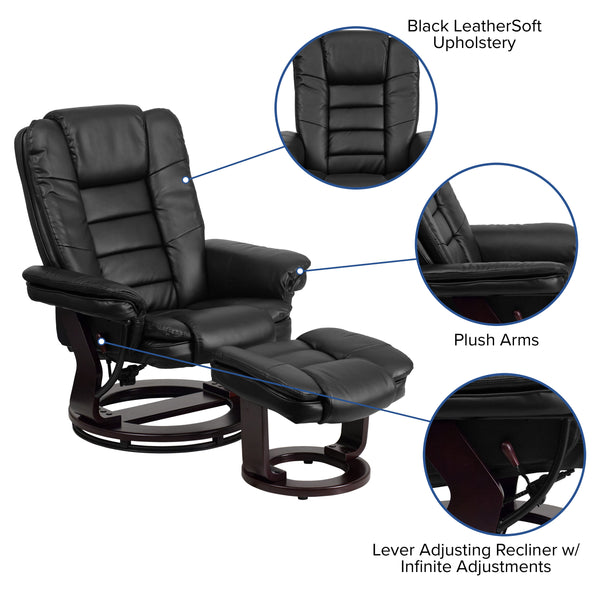 Black |#| Black LeatherSoft Multi-Position Recliner &Ottoman w/Swivel Mahogany Wood Base