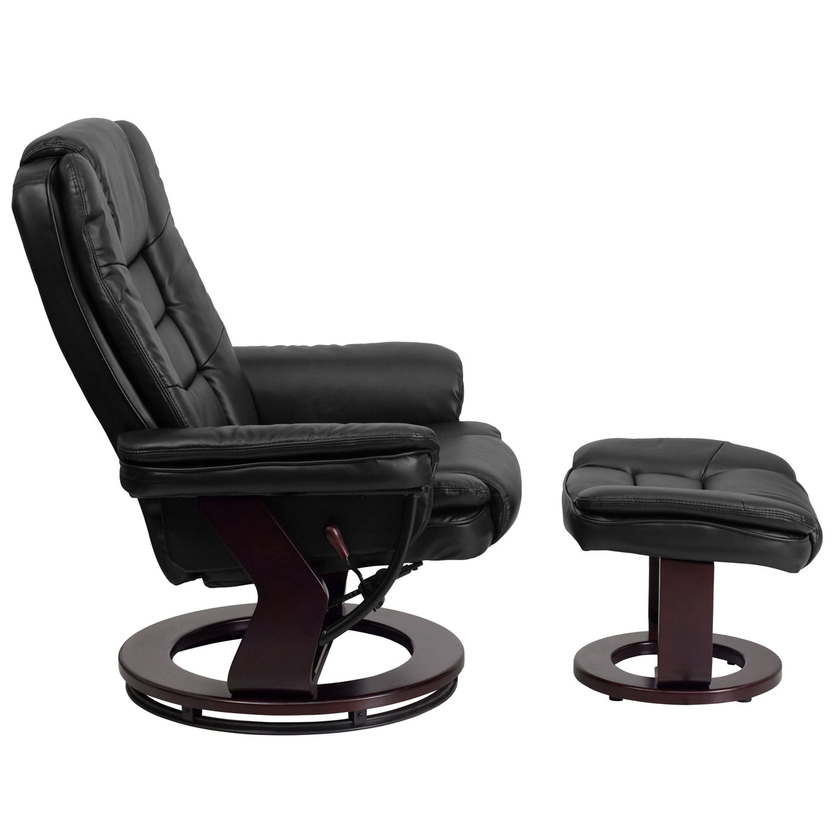 Black |#| Black LeatherSoft Multi-Position Recliner &Ottoman w/Swivel Mahogany Wood Base