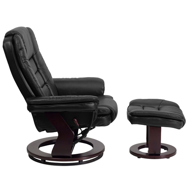 Black |#| Black LeatherSoft Multi-Position Recliner &Ottoman w/Swivel Mahogany Wood Base