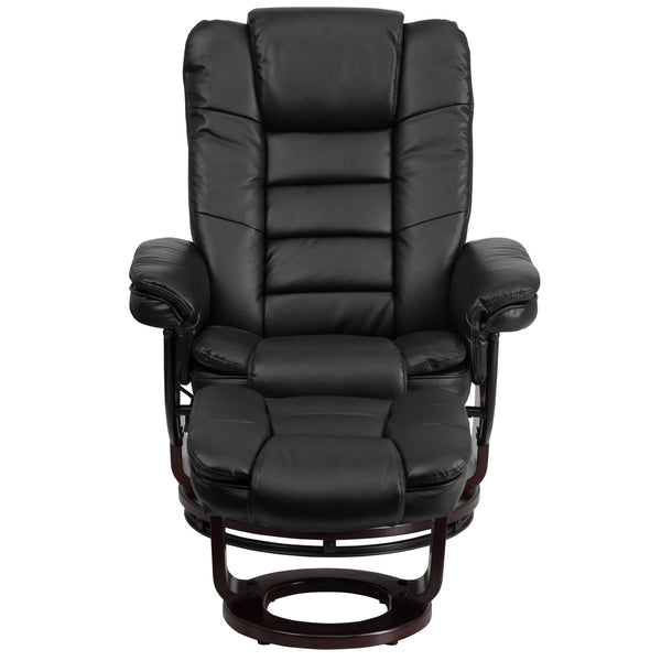 Black |#| Black LeatherSoft Multi-Position Recliner &Ottoman w/Swivel Mahogany Wood Base