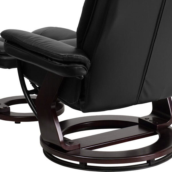 Black |#| Black LeatherSoft Multi-Position Recliner &Ottoman w/Swivel Mahogany Wood Base