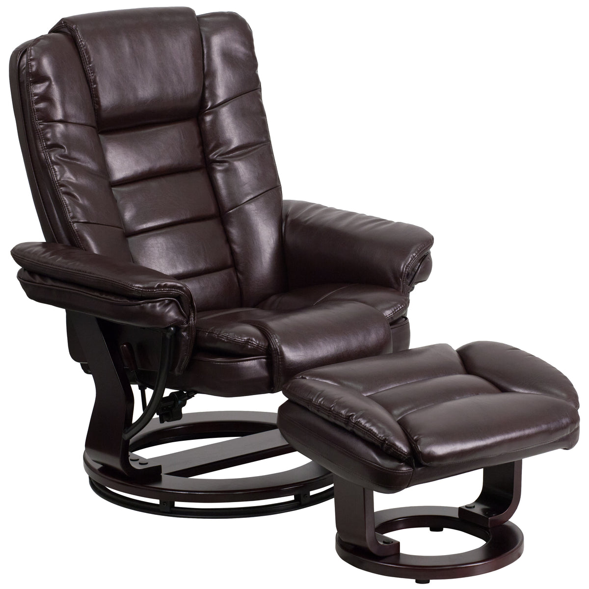 Brown |#| Brown LeatherSoft Multi-Position Recliner &Ottoman w/Swivel Mahogany Wood Base