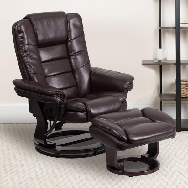 Brown |#| Brown LeatherSoft Multi-Position Recliner &Ottoman w/Swivel Mahogany Wood Base